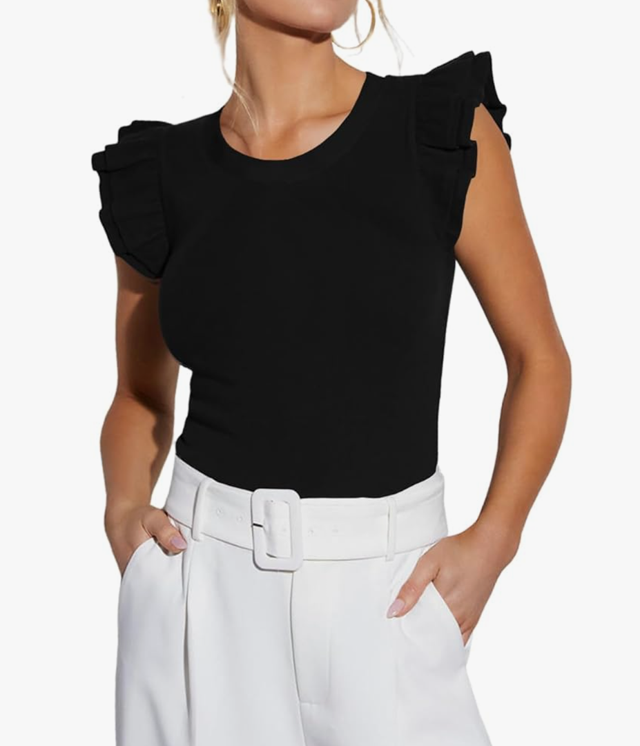 Ezbelle Women's Summer Tank Tops Ruffle Shirts Ribbed Knit Sleeveless Blouse Sexy Tshirt Trendy Outfits 2025, Size S