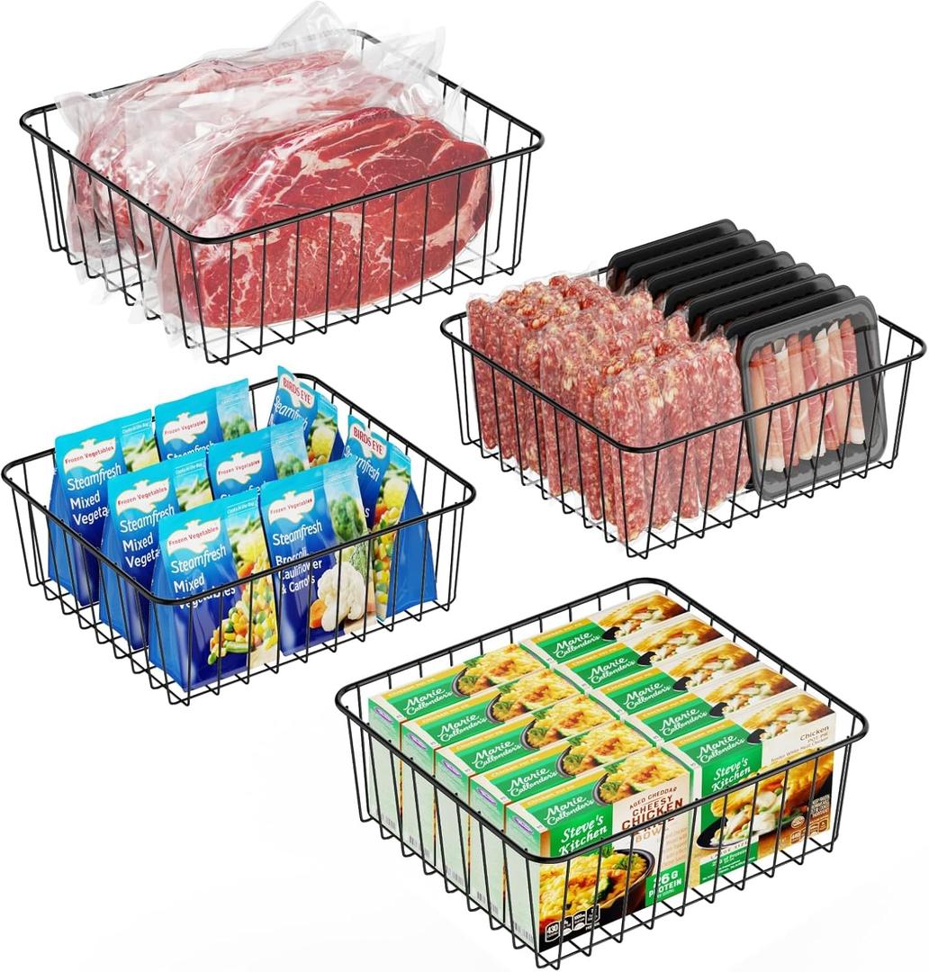 iSPECLE Upright Freezer Organizer - 4 Pack Small Basket for 5/6/6.5/6.8/7 cu.ft Easy Sort Food & No More Fall off, Bins Allow Air Circulation, Black