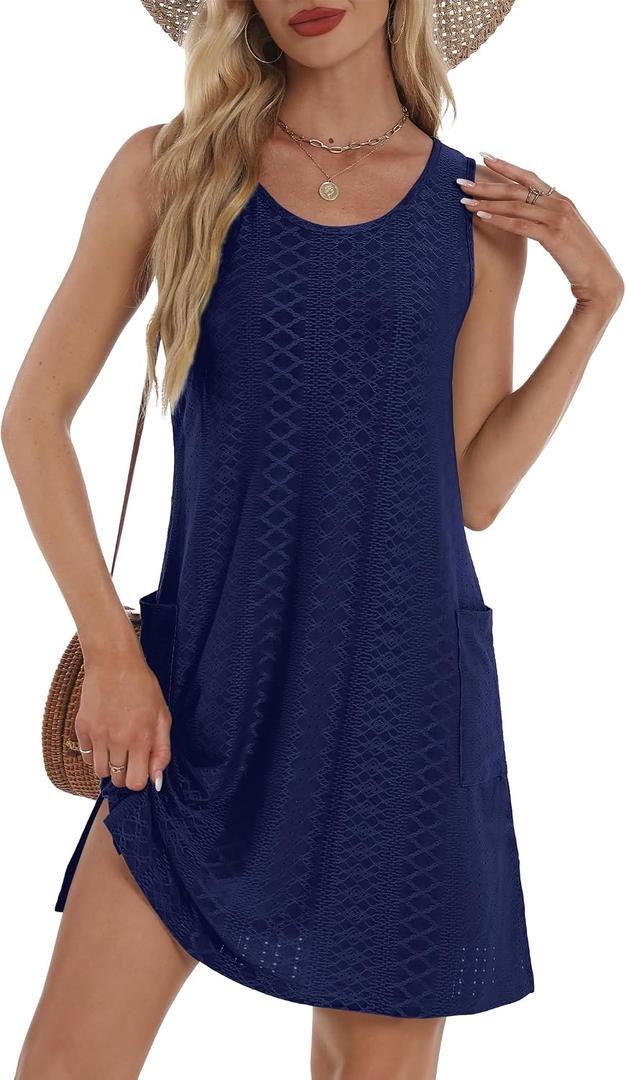 BKRIVE Coverup Summer Dresses for Women 2026 Eyelet Casual Loose Sleeveless Sundresses Tank Dresses with Pockets (Blue, M)