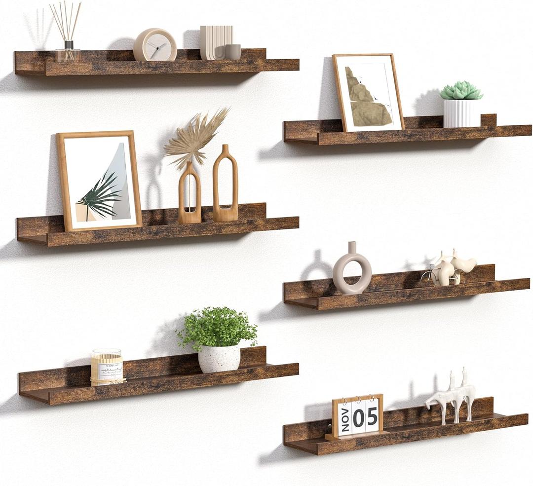 Upsimples Floating Shelves for Wall, 23.6 Inch Shelves for Decor Storage Set of 6, Wall Mounted Wood Shelf for Bedroom, Living Room, Bathroom, Kitchen, Long Picture Ledge Shelves, Brown