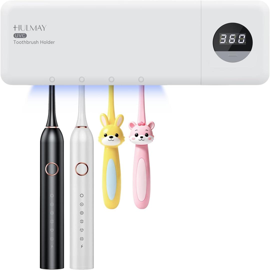 Hulmay Toothbrush Holder, UV Toothbrush Sanitizer and Holder with 4 Slots, Timer Function Toothbrush Organizer, Cordless toothbrush holders wall mounted, Toothbrush Holders for Bathrooms -White