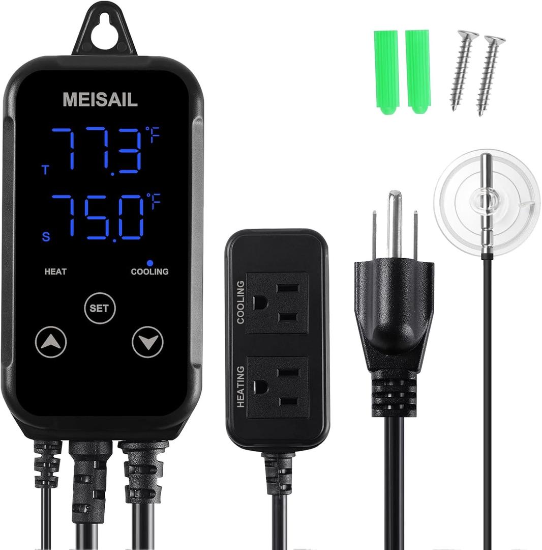 Digital Temperature Controller 2-Stage Outlet Thermostat Heating and Cooling Mode Carboy Homebrew Fermenter Greenhouse Terrarium 110V 10A (S10B-B)
