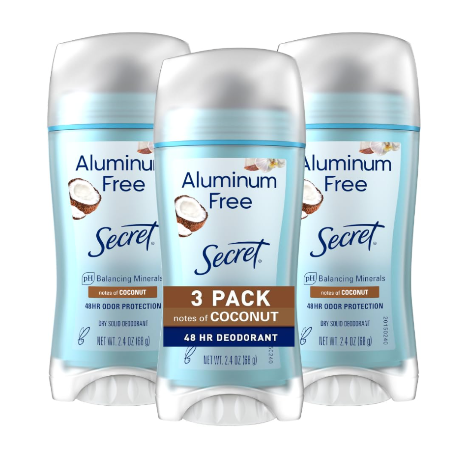 Secret Aluminum Free Deodorant for Women, 48hr Odor Protection, Naturally Derived Ingredients, Free of Parabens Dyes Talc & Baking Soda, PH Balanced, Dry Solid, Coconut Scent, 2.4 oz (Pack Of 3)