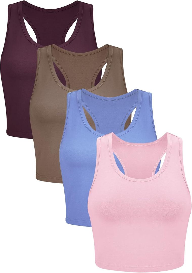 Boao 4 Pieces Basic Crop Tank Tops Sleeveless Racerback Crop Top for Women (Large, Leather Pink, Coffee, Serenity, Dark Red)