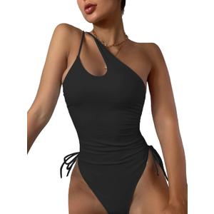 Lilosy Sexy Shoulder Tummy Control One Piece Swimsuit Ruched High Cut Leg Rise Bikini Cutout Thong Bathing Suit (Small, Black)