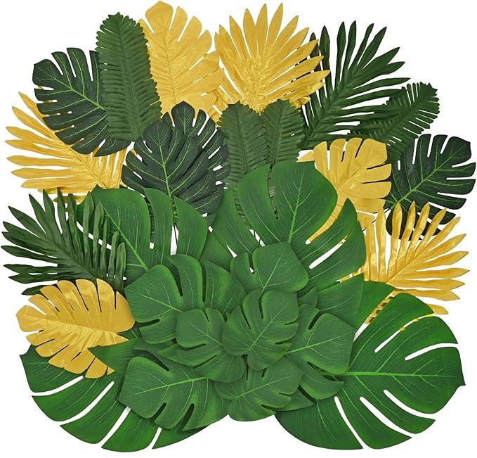 Dolicer 100 Pieces 8 Kinds Artificial Palm Leaves, Tropical Monstera Leaves, Safari Jungle Leaves Decorations, Fake Palm Leaf with Stems for Hawaiian Luau Party Table Beach Wedding Birthday Party