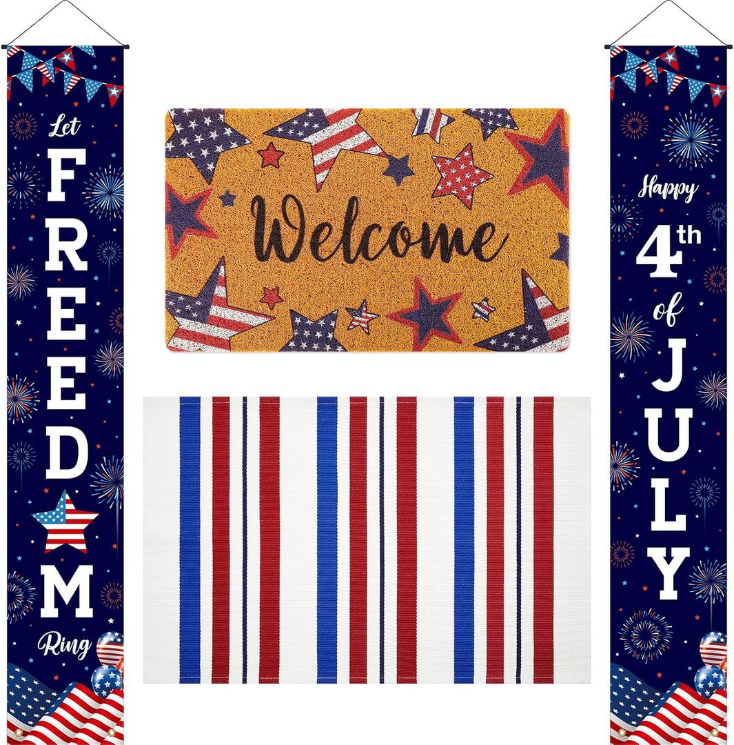 Hahafelt 3 Pcs 4th of July Door Mat and Door Banner Set Welcome Red White and Blue Striped Rug Independence Day Banners Patriotic Decorations for 250 Anniversary Home Holiday Decoration