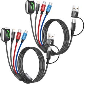 Travel Essentials Dual Type-C Port 4 in 2 Multi Charging Cable for iWatch Charger/iPhone17/IP, Cruise Essentials 2026, USBA/USBC Cable for iWatch Ultra/SE/11-2, iPhone17-8, GalaxyS26, Car- 2Pcs 5FT
