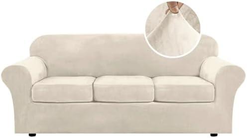 H.VERSAILTEX Modern Velvet Plush 4 Piece High Stretch Sofa Slipcover Furniture Protector Form Fit Luxury Thick Sofa Cover for 3 Cushion Couch, Machine Washable Width Up to 90 Inch(Sofa, Ivory)