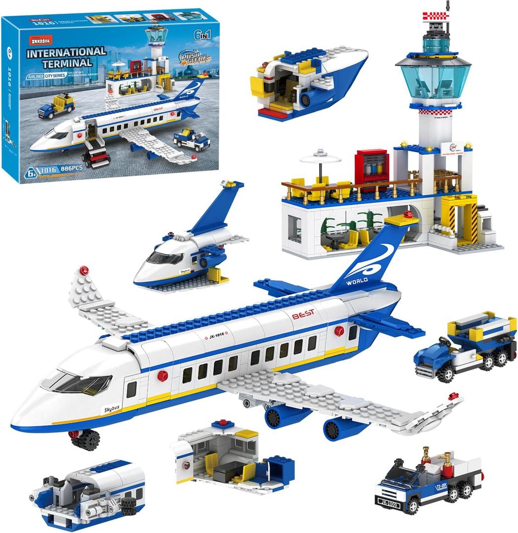 City Passenger Airplane Building Set, 886 Pcs STEM 6 in 1 Airport Passenger Plane Building Block Toy with Terminal, Shuttle Bus,Luggage Cart,Christmas Birthday Gifts for Boys Girls Ages 6-12+