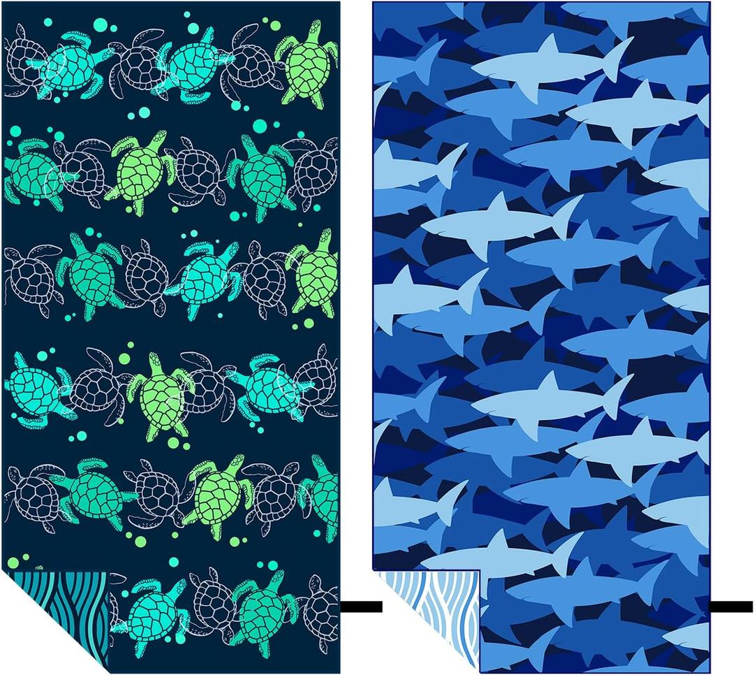 MelonBoat Large Microfiber Beach Towel: 2pcs Green Turtles & Navy Blue Shark Beach Towel for Travel, Absorbent Quick Dry Sand Free, Lightweight Compact for Kids Trip Vacation Bath Camping Pool Swim