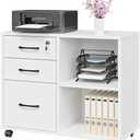Panana 3 Drawer Office File Cabinets, Mobile Lateral Printer Stand with Open Storage Shelf, Rolling Filing Cabinet with Wheels Home Office Organization and Storage (White), Small
