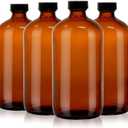 4 Pack 32 oz Amber Glass Boston Round Bottles with Phenolic Polycone Caps Airtight, Leak-Proof Brown Bottles for Kombucha Brewing, Essential Oils, Storing Condiments, and Homemade Solutions