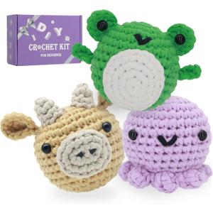 Auoinge Crochet Kit for Beginners Kids, Learn to Crochet Kits for Starters with Step-by-Step Video Tutorials, Knitting Kit for Adults, Amigurumi Family - Octopus Cow Frog (3 Pack)