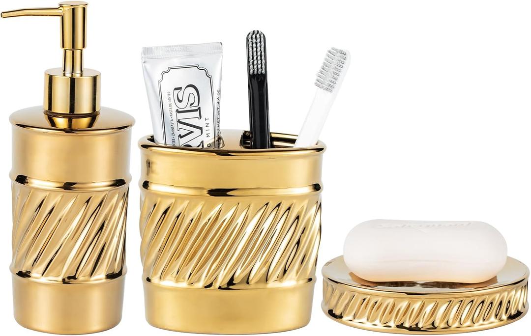 3-Piece Ceramic Bathroom Accessories Set - Soap Dispenser, Toothbrush Holder & Soap Dish with Modern Wave Embossed Design for Bathroom Accessory Set (Gold)
