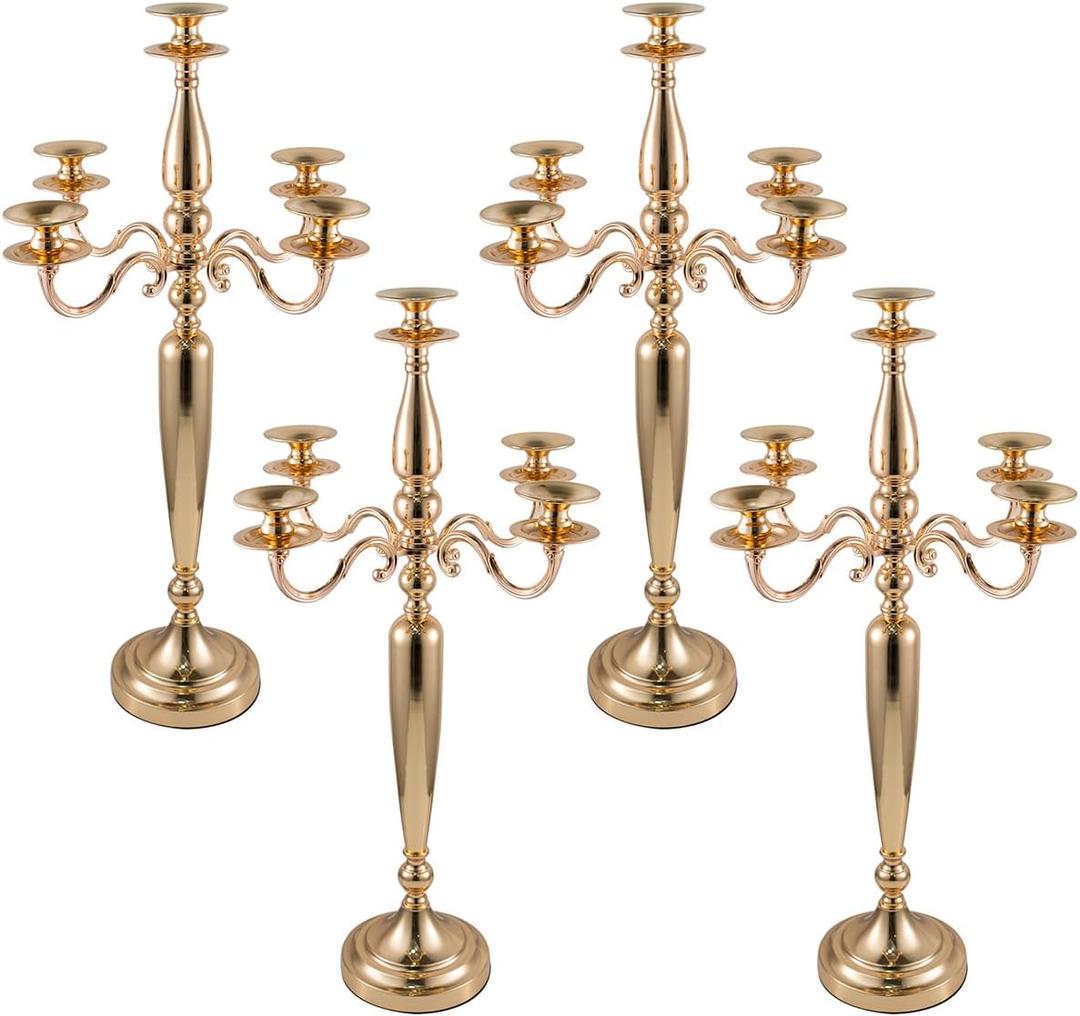 Vincidern 28'' Tall Gold 5 Arm Candelabra Centerpieces for Table, 4pcs Taper Candle Holder for Wedding Decoration, Party, Event, Christmas Candelabra