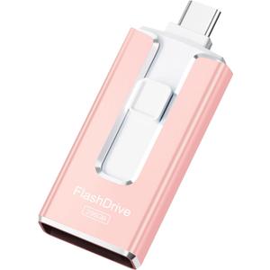 MFi Certified 256GB Flash Drive for iPhone, 3 in 1 Type-C USB Memory Stick Thumb Drive for Photos Videos, High Speed External Memory Storage Photo Stick for iPhone iPad Android PC (Rose Pink)