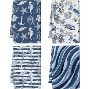 Blue Nautical Seahorse Corals Sea Turtle Kitchen Dish Towels Decorative Set of 4, Absorbent Coastal Tea Hand Towels for Kitchen Farmhouse Housewarming Bar Ocean Themed Decor