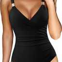 RXRXCOCO Womens One Piece Swimsuits Tummy Control Bathing Suit Ruched Criss Cross V Neck Swimwear (Black), XL
