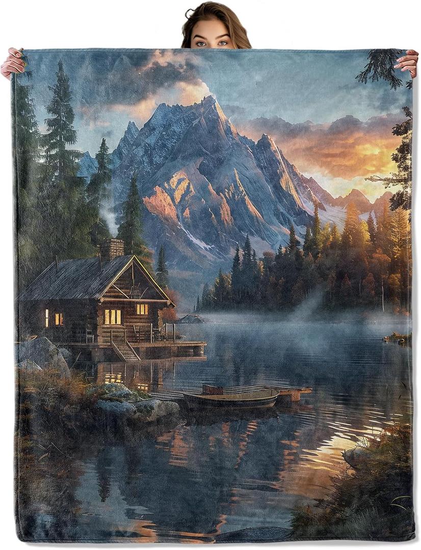 Mountain Cabin Blanket 50x60 in, Flannel Throw Blankets for Travel Camping Sofa Living Room Decor, Lightweight Cozy Soft Fuzzy Gifts for Women Adults Kids