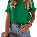 PRETTYGARDEN Women's Short Sleeve Casual T Shirts Summer Ruffle Plain Round Neck Loose Fit Tee Blouse Tops