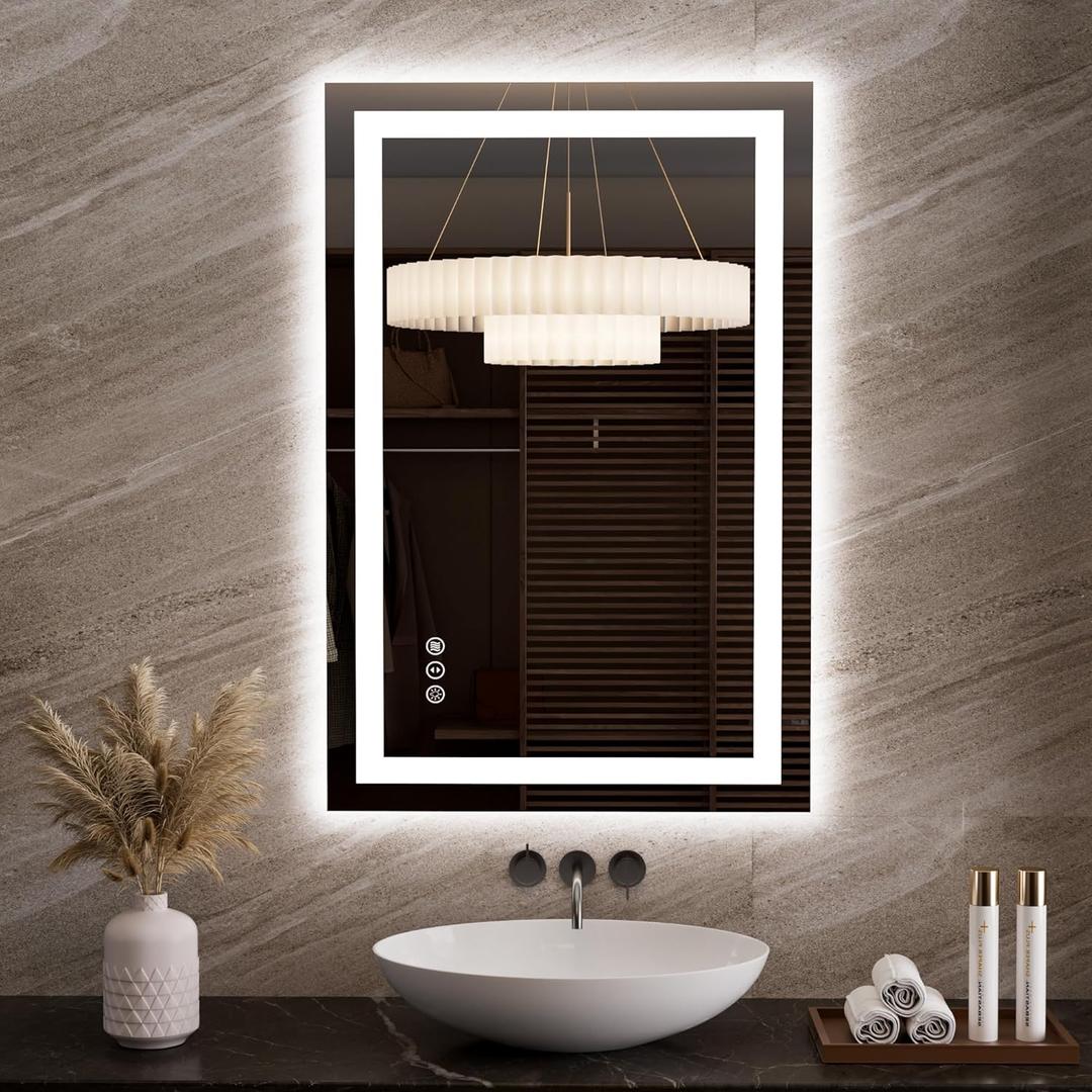 LOAAO 23.6"x35.4" LED Mirror for Bathroom, Lighted Bathroom Mirror with Lights, Anti-Fog, Dimmable, Memory Function, Clear Reflection