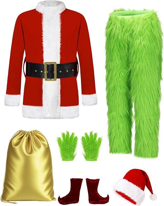 Christmas Costume Adult Men Santa Claus Outfit 7PCS Furry Green Giant Monster Professional Realistic Xmas Cosplay Suit M