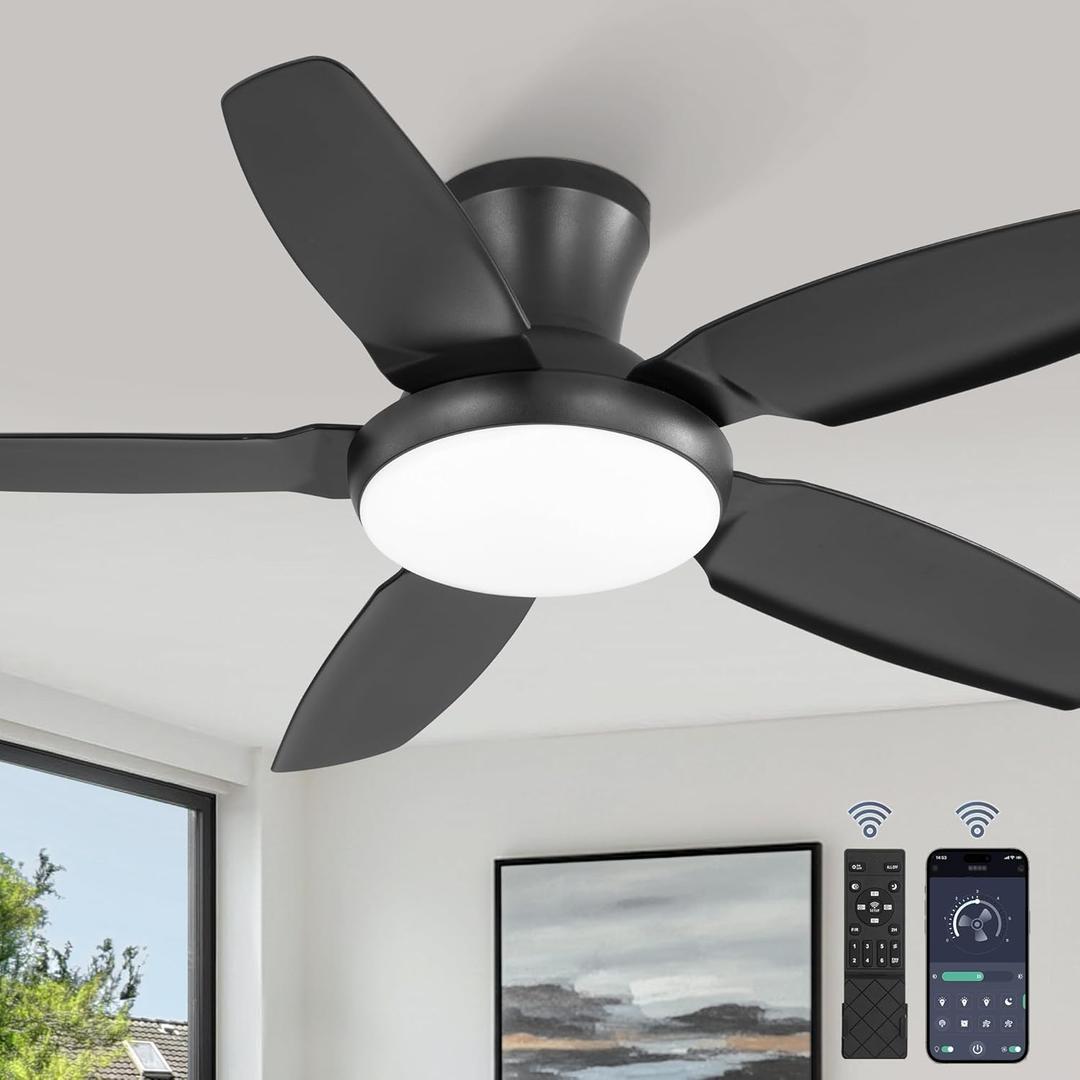 Fanbulous Ceiling Fans with Lights, 42 inch Low Profile Flush Mount Ceiling Fan with Remote/APP Control,Black Modern Ceiling Fan with LED Light for Bedroom Indoor Outdoor-LED Dimmable, 3CCT, 6 Speeds