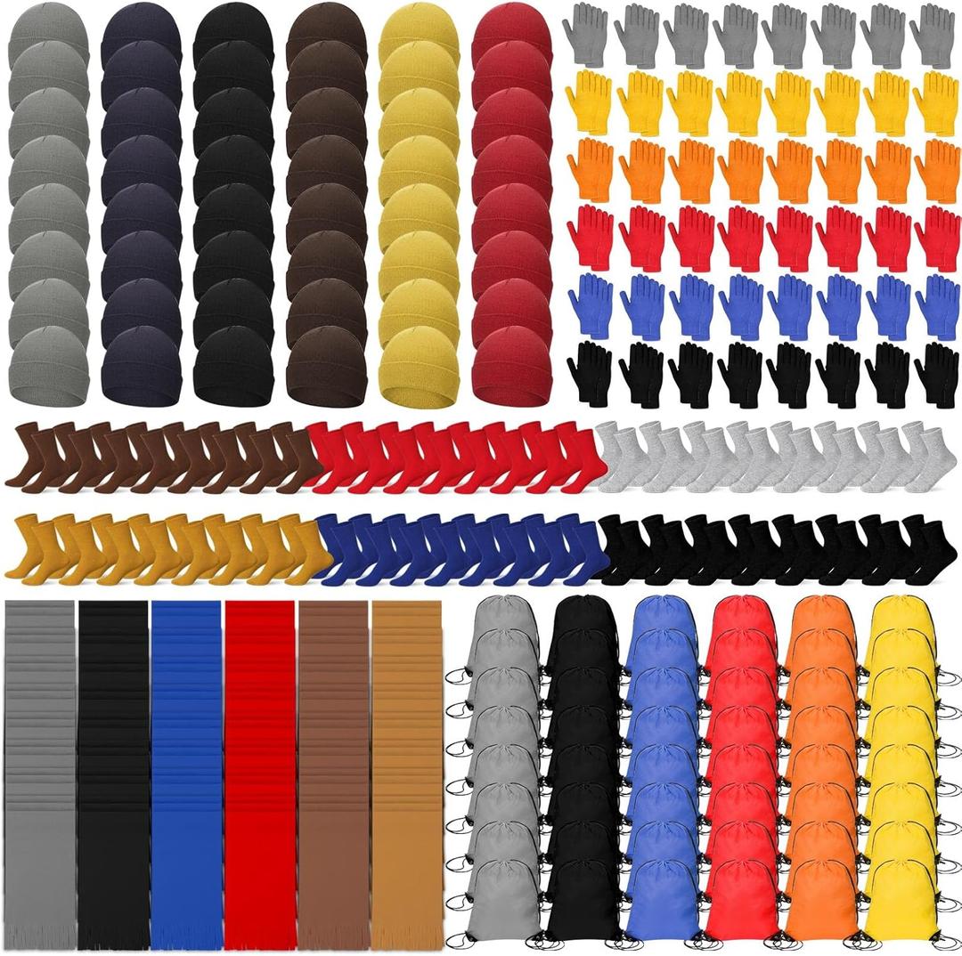 Liitrsh 240 Pcs Homeless Care Package Supplies Winter Beanie Hat Gloves Socks Scarves Polyester Drawstring Bags for Women Men