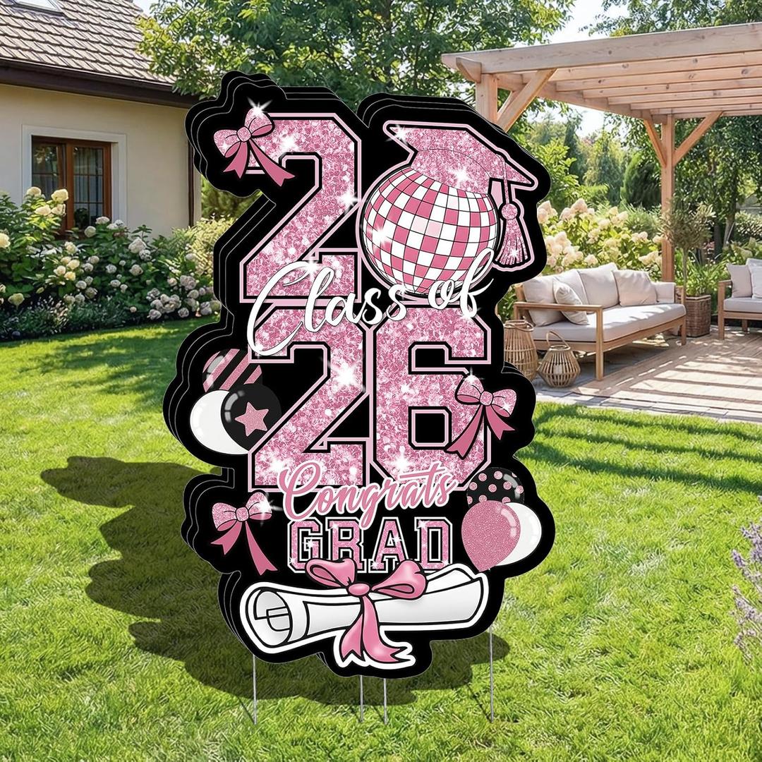 3.86FT Graduation Yard Sign Class of 2026 Bow Decorations, Large Pink Black Congrats Grad Lawn Sign Yard Decor with Stakes for Outdoor Senior High School College Garden Prom Send Off Party Supplies