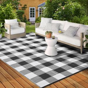 Outdoor Plastic Straw Rug 9x18, Reversible Outdoor Rug Waterproof Patio Rugs, Modern Border Washable Throw Carpet,Camping Rugs for RV Backyard Deck Porch Picnic Beach Poolside, Black/White