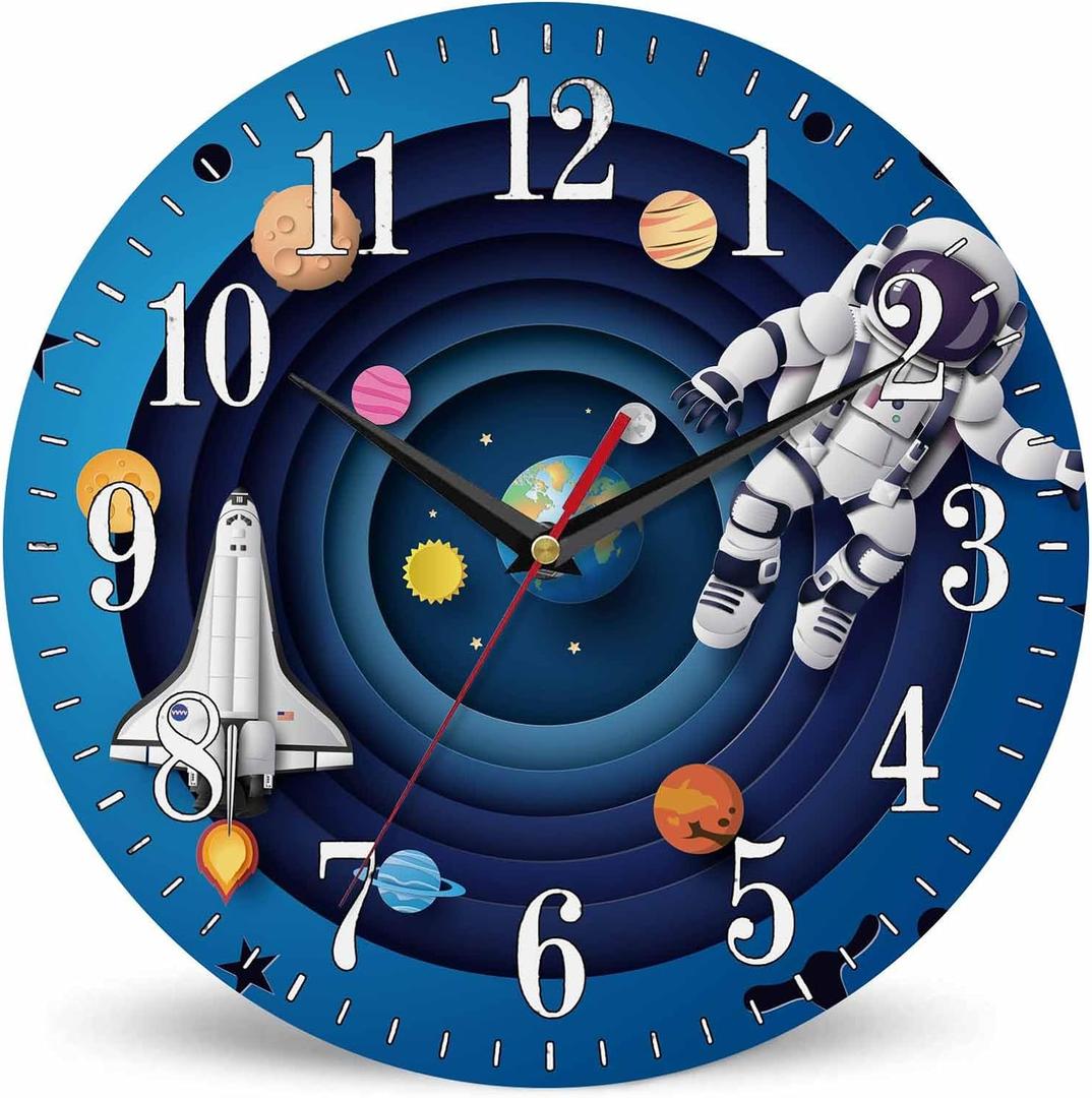 Mxocom Spaceman Flying Wall Clock Cartoon Astronaut Floating Space Rocket Planet 10 Inch Silent Non Ticking Battery Operated Clock Vintage Round Clock for Living Room Bedroom Bathroom Office Decor
