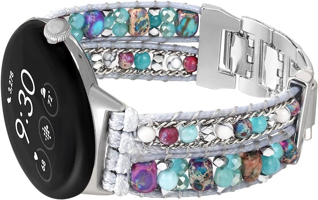Boho Leather Bands Compatible with Google Pixel Watch 4 3 41mm/Pixel Watch 2/1 Band, Handmade Wrap Bracelet Dressy Beaded Strap Replacement for Google Smartwatch 2025/2024/2023/2022 (Sliver Stone)