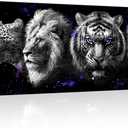 Kalormore Black and White Animal Wall Art Leopard Wolf Lion Tiger Head with Purple Eyes Paintings Canvas Wildlife Artwork Framed Modern Home Office Decor