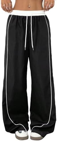 ZAFUL Womens Parachute Pants Y2K Wide Leg Cargo Sweatpants Drawstring Waist Jogger Pants with Pockets L