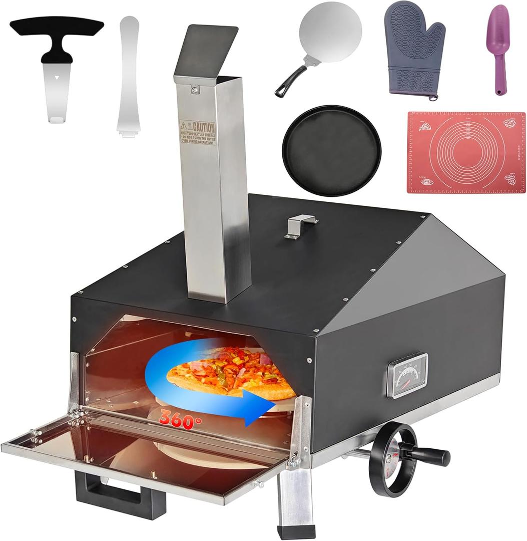 SKY FISH Cyber Outdoor Pizza Oven 12 inch pizzaPortable Stainless Steel Wood Pellet fired Backyard Pizza Oven Manually 360 degree Roating Pizza stone,Portable stonebaked Pizza Maker (Black, M)