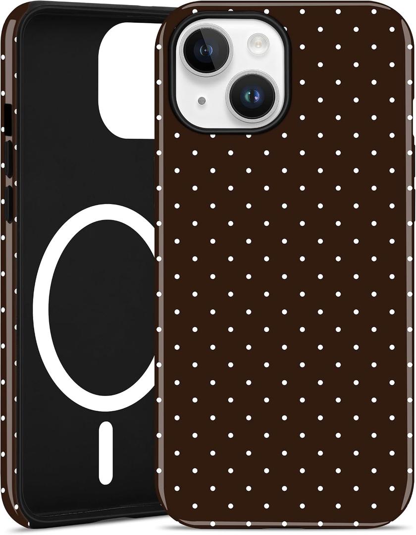 Magnetic Polka Dot Phone Case for iPhone 13/14, Compatible with MagSafe, Cute Brown Polka Dots Aesthetic Soft TPU and Hard PC Shockproof Protective Phone Cover for Women Girls-Shiny