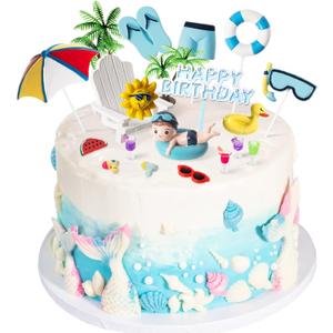 Junkin 21 Pcs Beach Cake Decorations Summer Pool Cake Topper Summer Birthday Decorations Coconut Tree Chair Umbrella Watermelon Sun for Pool Beach Party Birthday Supplies(Boy)