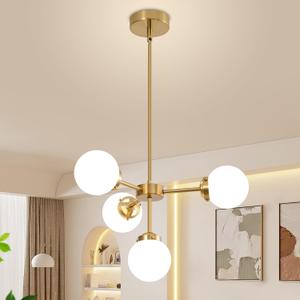 Gold Sputnik Chandelier 4-Light Globe Sputnik Ceiling Light Fixture Mid Century Sputnik Chandeliers with Milk Glass Shade (4-Light (Gold))