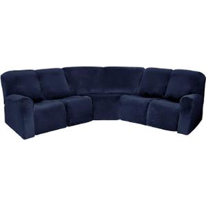 MINGPINHUIUS 7 Piece Velvet Sectional Sofa Covers Recliner Sofa Cover New Elastic Sofa Slipcover Soft Wear-Resistant Sectional Couch Cover for Kids, Dogs, Pets (Navy Blue) (5 Seat)