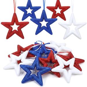 Roowest 12 Pcs Large 4th of July Ornaments Patriotic Tree Ornaments Red White Blue Hanging Glitter Stars 5.9 Inch DIY 250th Anniversy Decor for Independence Day American Party Decor