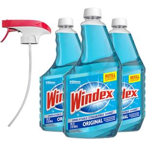 Windex Refill Original Blue Glass and Window Cleaner Bottles + 1 Reusable Spray Trigger, Surface Cleaning Spray, Original Blue Scent, 32 Fl Oz (Pack of 3), Exp: Unknown