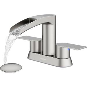 Bathroom Sink Faucet for 3 Hole, Hurran 4 Inch Bathroom Faucets with Pop-up Drain, Stainless Steel 2-Handle Waterfall Faucet for Sink, Brushed Nickel