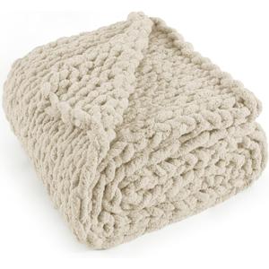 Chunky Knit Throw Blanket 60"X 80", 100% Handmade with Soft Chenille Yarn, 6.7lbs Thick Cable Knitted Blankets, Large Rope Knot Crochet Throws for Couch Sofa Bed Home Decor, Beige