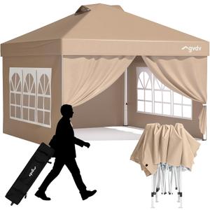 GVDV 10x10 Pop Up Canopy Tent with 4 Sidewalls, Beach Tent with One Push Setup, Outdoor Sun Shade for Events, Parties, Camping - Gazebo with Wheelbag, Khaki, CP23 B