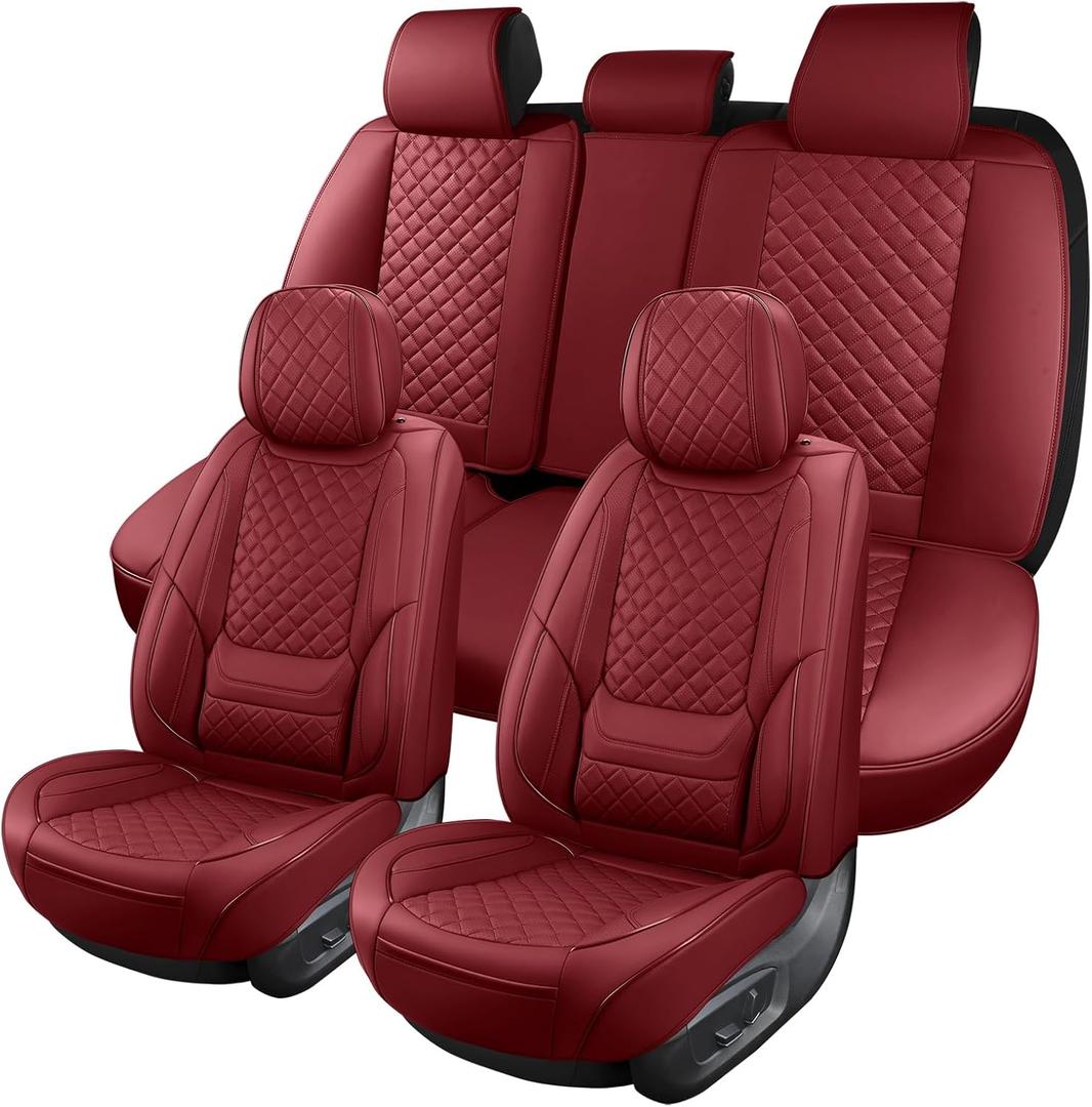 Leather Car Seat Covers Full Set Breathable Automotive Seat Covers Waterproof Seat Protectors Universal Fit for Most Automotive Cars SUV Trucks Van(Red, Full Set)