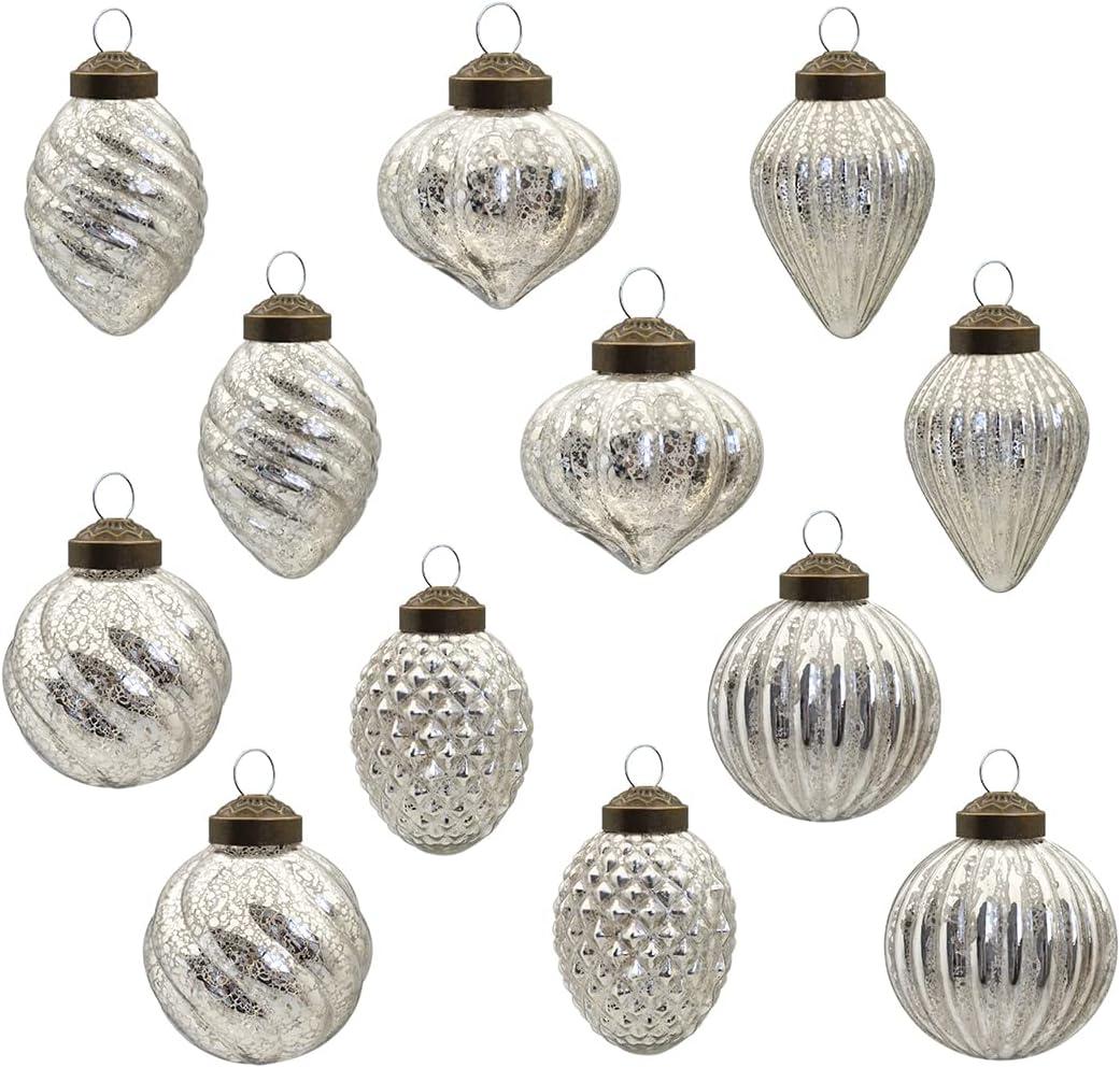Glass Christmas Ball Antiqued Ornaments Holiday Decor Silver Color Small Series(12 Pieces)