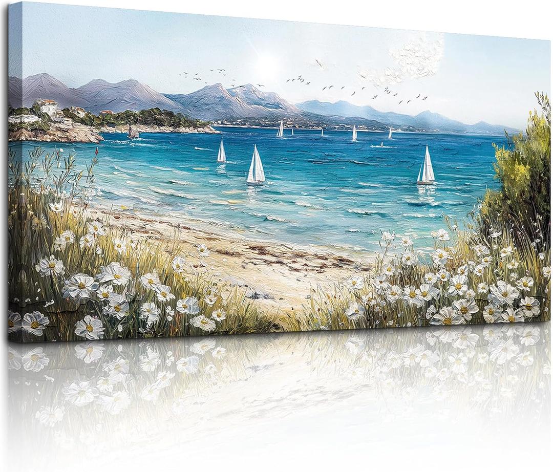 SERIMINO Coastal Landscape Large Wall Art, Beach Daisy Canvas Art Prints, Bay Sailboat Artwork for Walls, Nature Ocean Scenery Paintings Wall Decor Living Room Bedroom, Rustic Home Decor 24"X48"