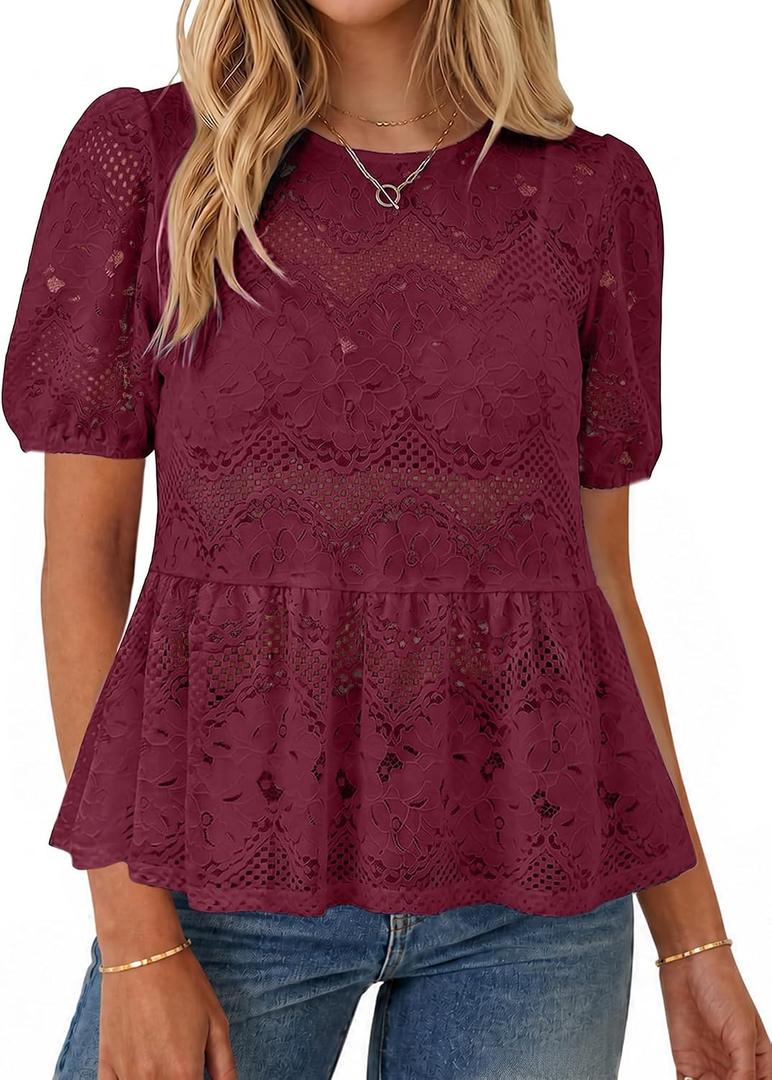 Simplee Womens Summer Lace Tops Boho Hollow Out Crochet Cute Ruffle Peplum Top Western Babydoll Blouses Shirts Beach Vacation (Red, S)