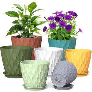 Meowell 7/6.5/6/5.5/5/4.5/4 inch Plant Pots for Indoor Outdoor Plants, 7 Pack Thick Flower Pots with Drainage Holes and Saucers, Modern Wave Texture Small Plastic Planters Nursery Pots, Multicolor, 7+6.5+6+5.5+5+4.5+4 in 7 set